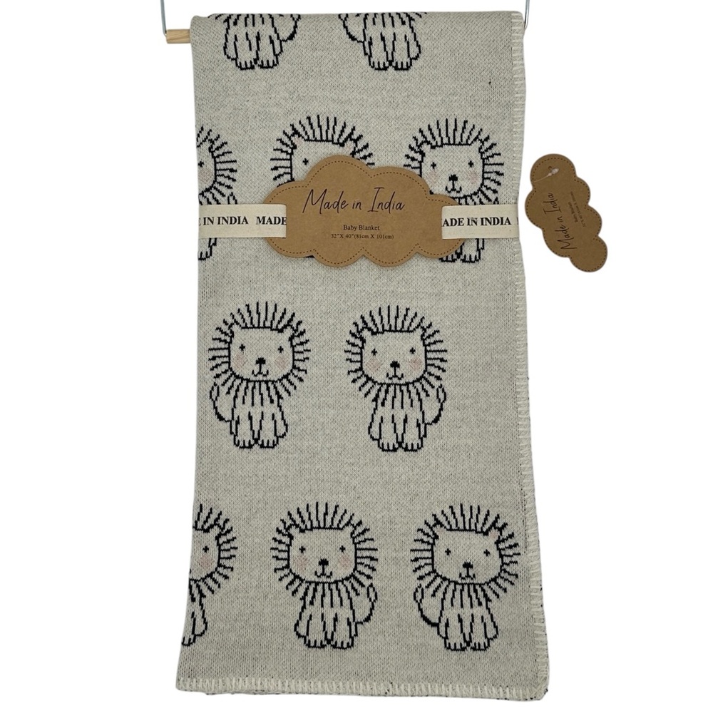 MADE IN INDIA Cotton Knit Baby Blanket | Tan with‎ Black Lion | 32”x40” | NWT